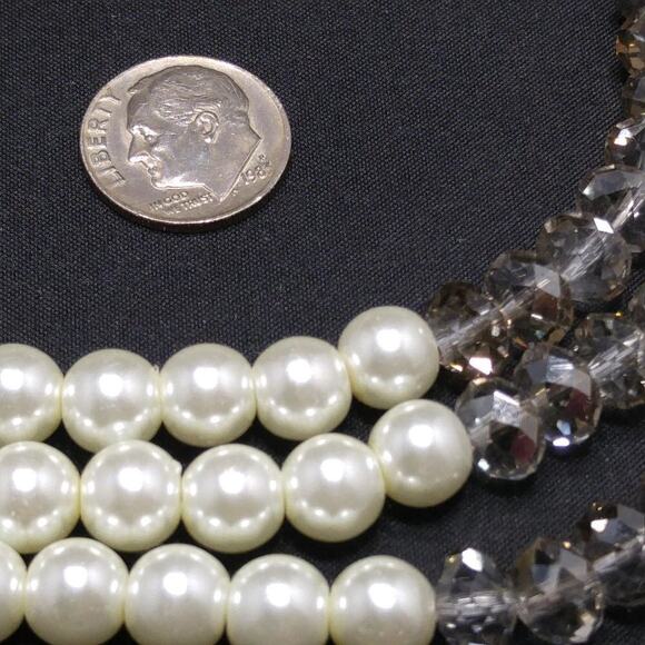 Glass Pearl Smoky Gray Crystal Necklace, Three Strands, 8mm Beads, 21 Inches - Picture 7 of 8